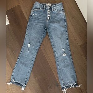 We the Free raw edge button fly denim blue jeans. Size 25